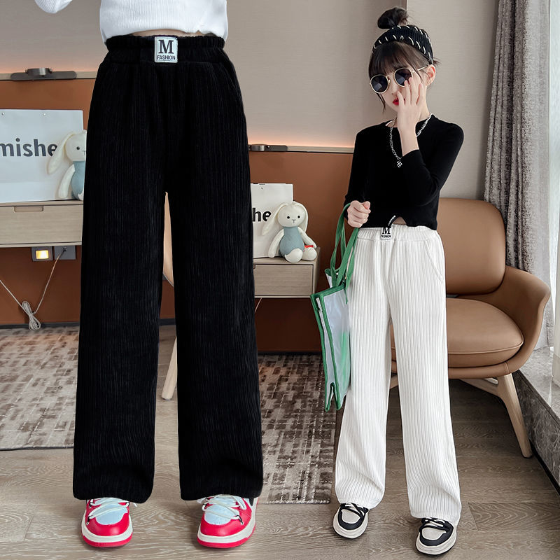 女童加絨褲子秋冬裝外穿女孩休閒加厚時尚闊腿褲大童冬季兒童長褲