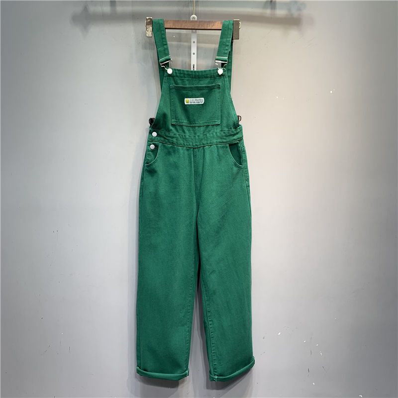 Western-style patch cloth age-reducing pocket green denim overalls loose wide-leg straight-leg trousers trousers suspender jumpsuit trendy [shipped within 15 days]