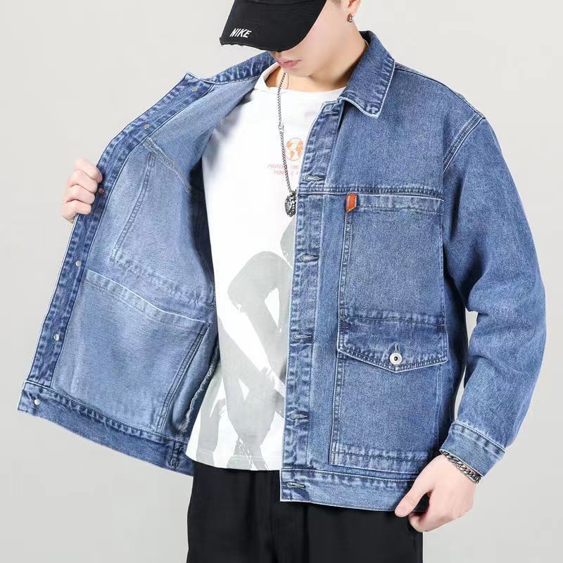 Men's tooling denim jacket coat lapel 2022 spring and autumn style six pockets with cotton loose large size top coat