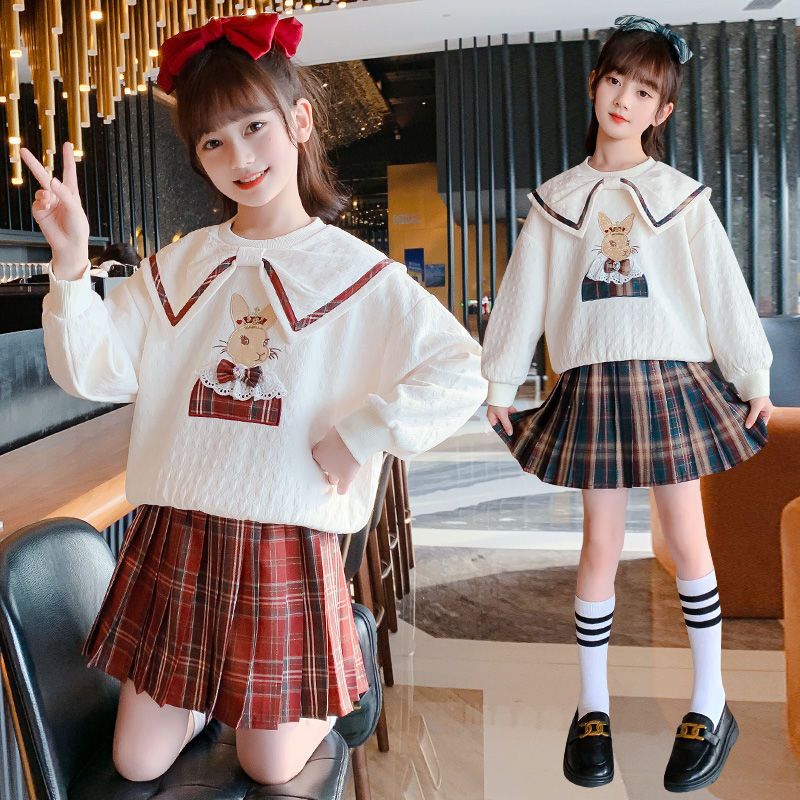 女童秋装套装新款韩版网红学院风春秋季儿童装百褶裙两件套潮