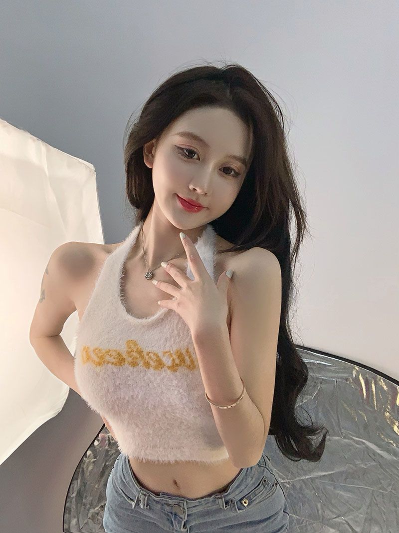 Knitted letter hanging neck  camisole women's spring and autumn sweet and spicy plush