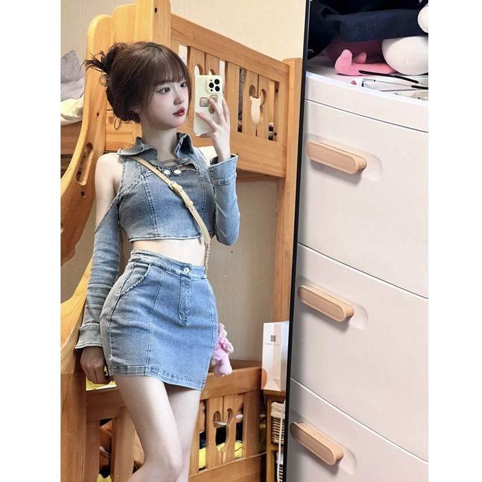 【兩件套裝】復古辣妹設計感露肩短款牛仔上衣女+高腰牛仔短裙