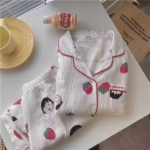 Bubble wrinkle pajamas girls spring and summer students Japanese cute small balls long-sleeved home clothes set can be worn outside in autumn