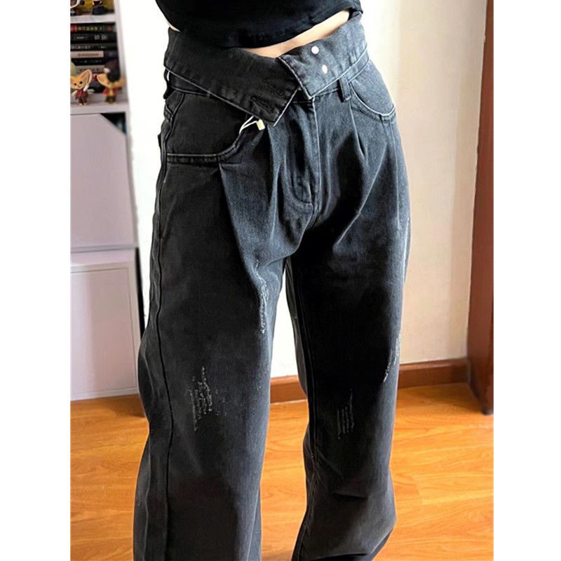 Black washed retro wide-leg jeans women's  spring new bf high waist thin loose straight pants