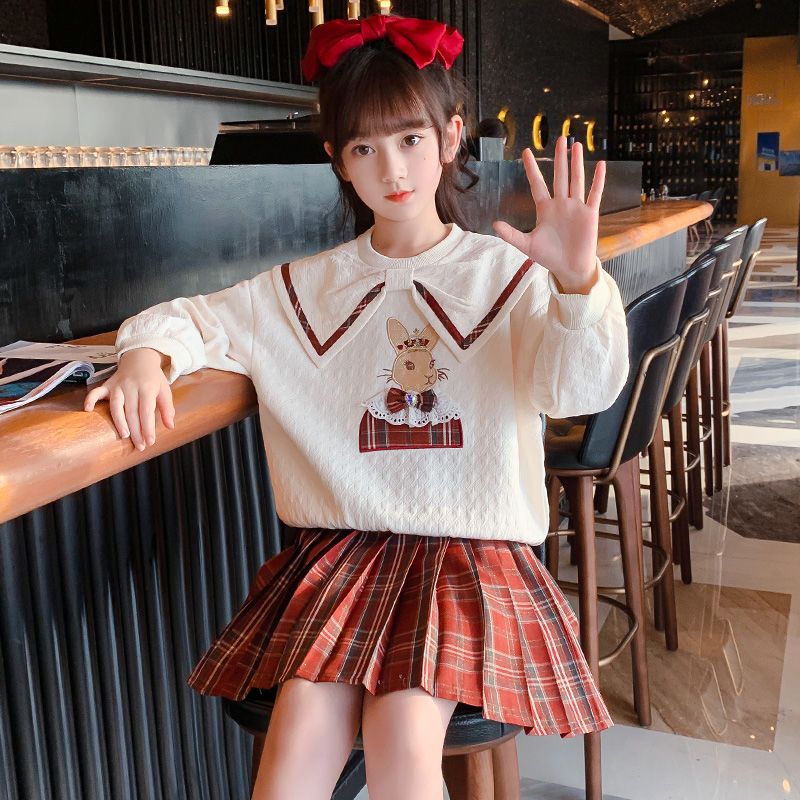 女童秋装套装新款韩版网红学院风春秋季儿童装百褶裙两件套潮