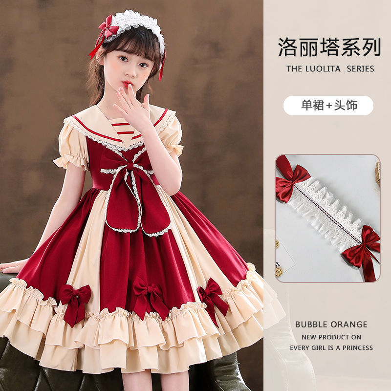 Girls Lolita Princess Dress 2022 New Short Sleeve Skirt Children's Autumn Clothing College Style Western Fashion Dress