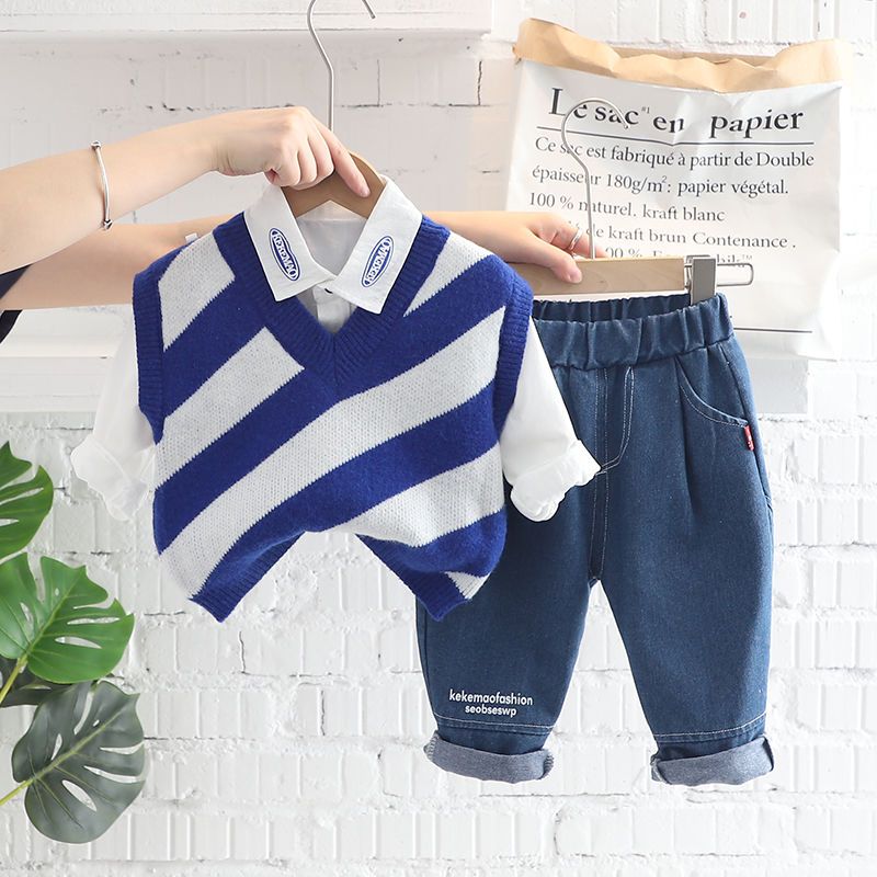 Baby vest three-piece autumn suit 2023 new foreign style sweater trendy children's clothing boys spring suit college style