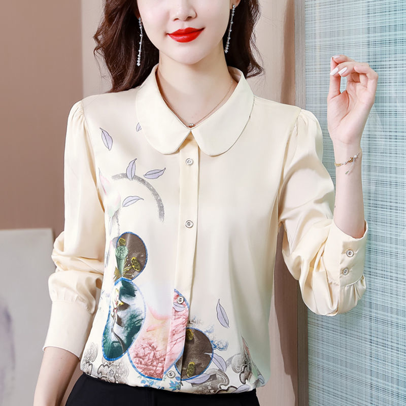 高檔真絲襯衫女長袖2023春秋款洋氣娃娃領遮肚桑蠶絲上衣套頭小衫