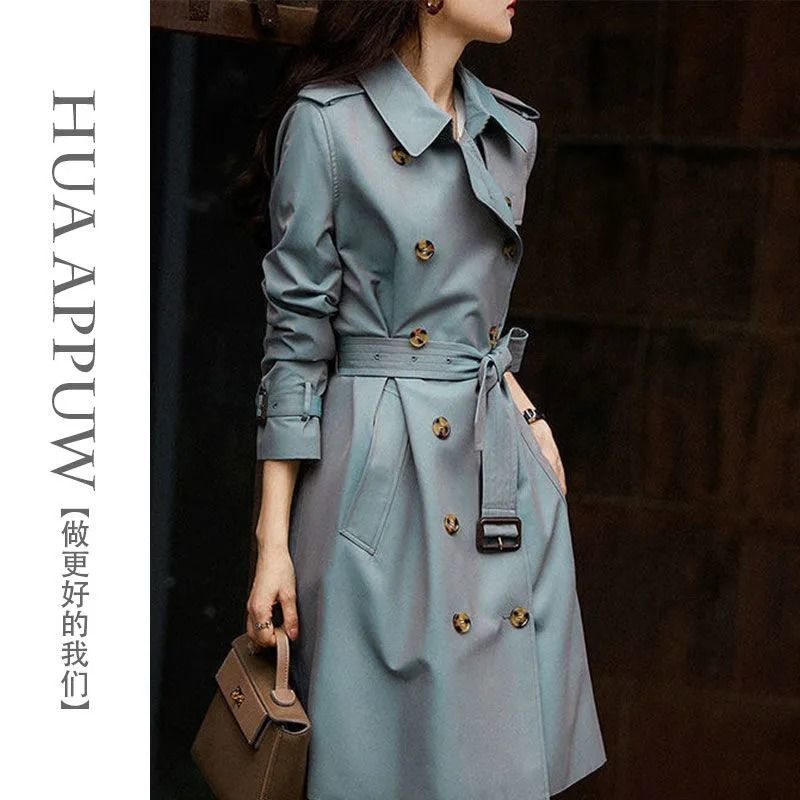 画朴洋气高阶灰蓝色风衣短外套女装2022秋季新款设计感双排扣外衣