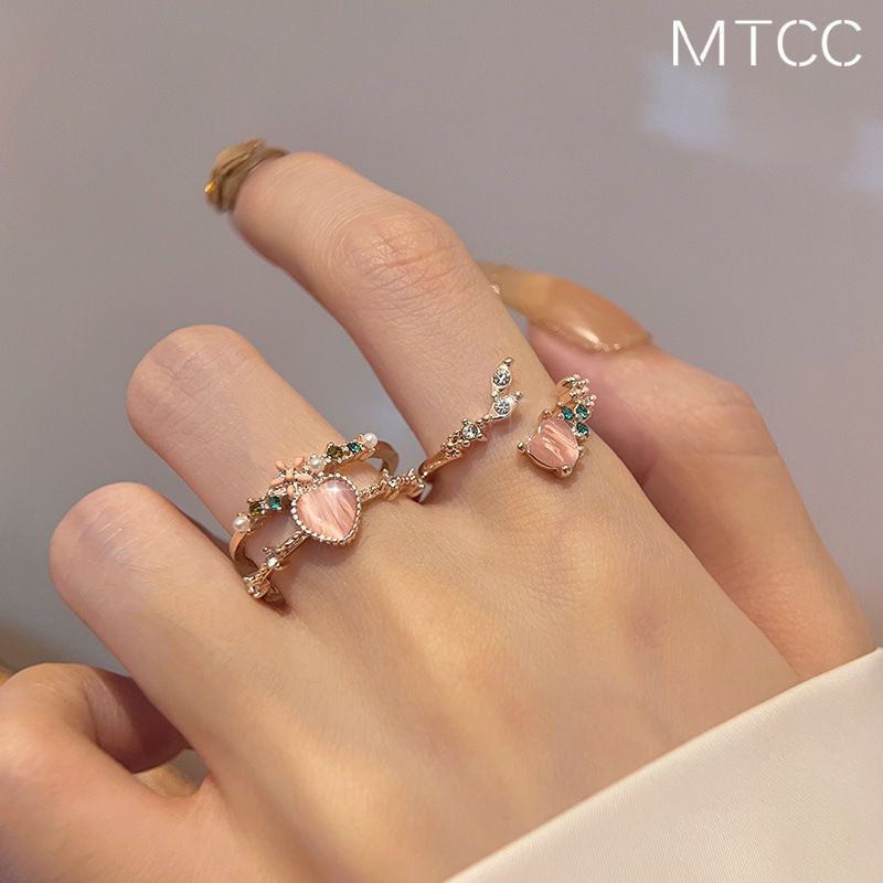 Double-layered love zircon open ring for women with sweet design ins niche high-end index finger ring adjustable ring