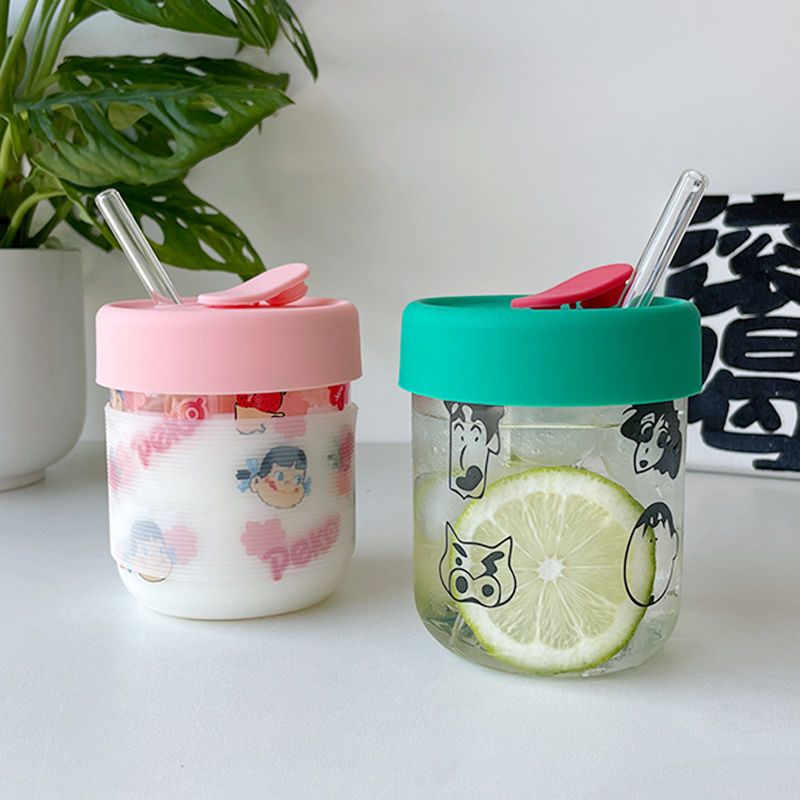 Glass cup with lid and straw, cute ins style high-looking girl's summer homemade cold drink coffee milk cup