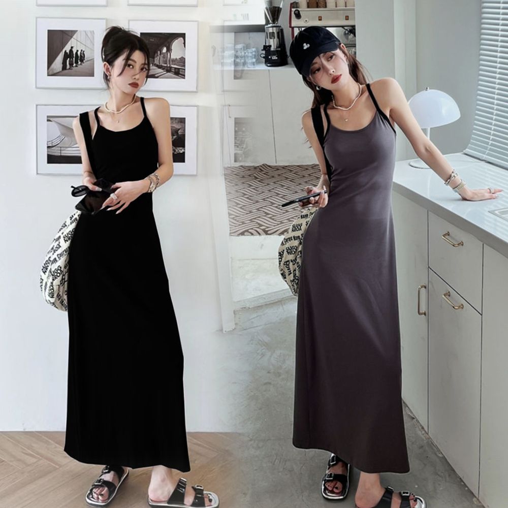 灰色露背吊帶連衣裙女夏季新款辣妹收腰顯瘦高級感A字裙包臀長裙