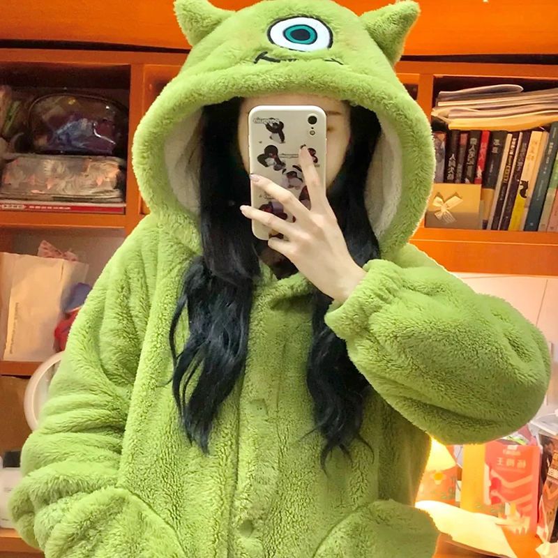 Cute cartoon big-eyed coral fleece pajamas women's 2022 new winter thickened pajamas can be worn as home clothes