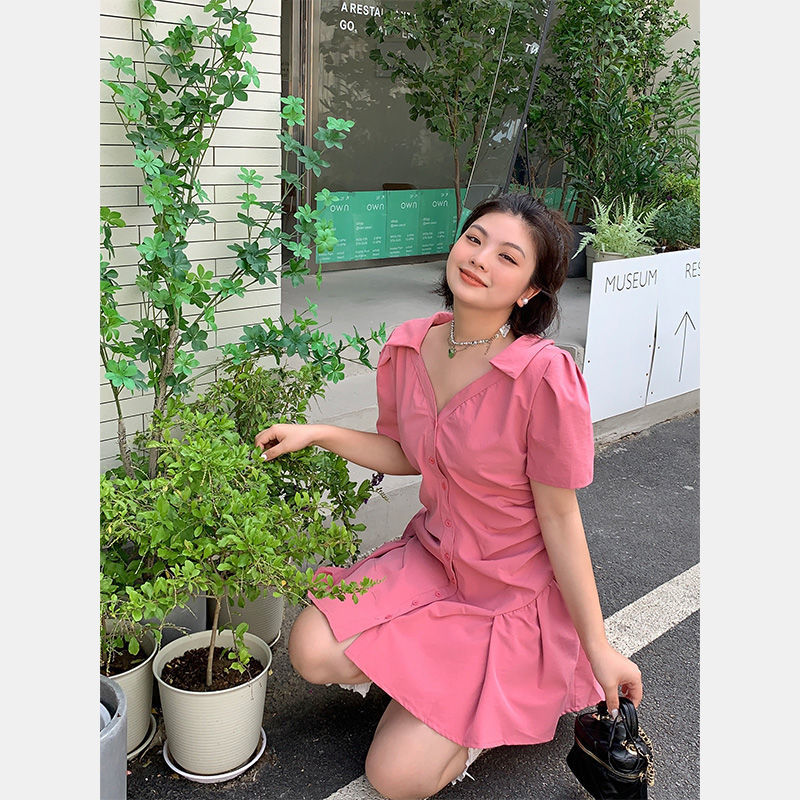 Plus size dress female fat mm summer slimming cover belly reducing age slightly fat a word waist pink sweet and spicy shirt skirt