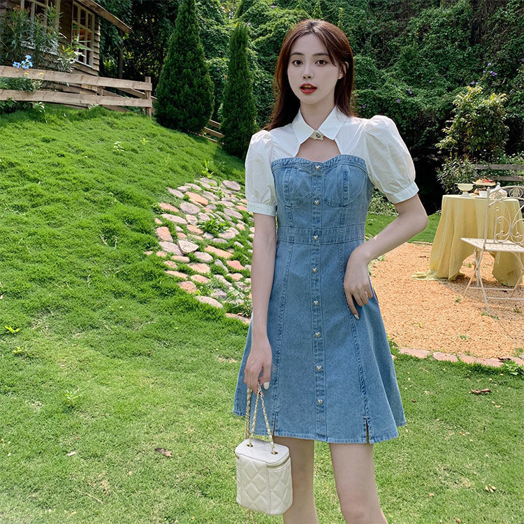 減齡氣質假兩件牛仔連衣裙女夏季薄款大碼收腹顯瘦矮小個子短裙子