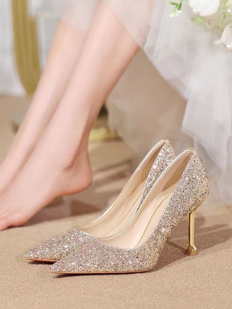 法式主婚鞋禾秀婚纱两穿新娘鞋夏季女金色水晶高跟公主结婚伴娘鞋