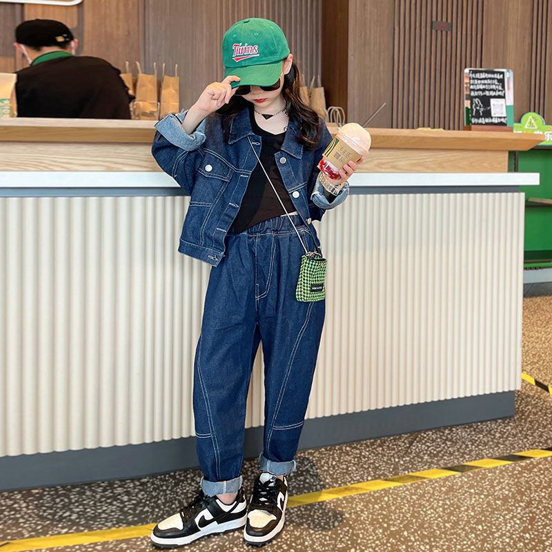 女童秋季牛仔服外套套裝2022新款兒童洋氣時髦秋裝大童春秋兩件套