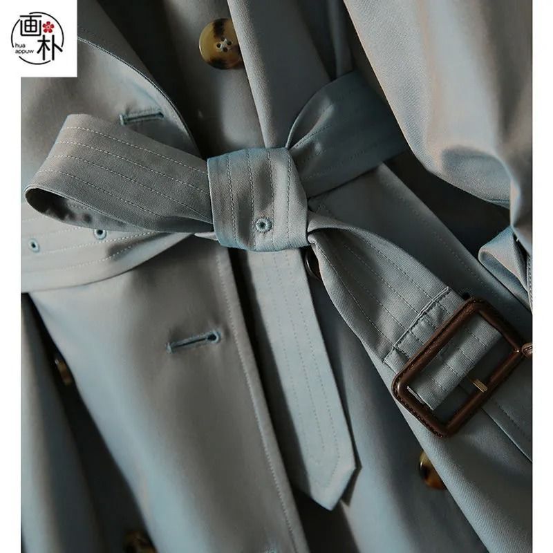 画朴洋气高阶灰蓝色风衣短外套女装2022秋季新款设计感双排扣外衣