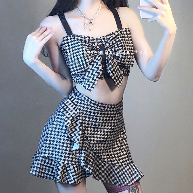 2023 new style houndstooth girl skirt covering belly, slimming and conservative split swimsuit for women ins trend hot spring