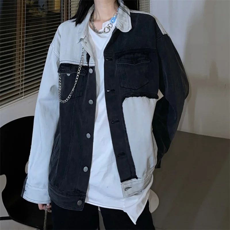Retro color contrast stitching denim jacket women's  autumn new loose and versatile personality jacket top tide ins