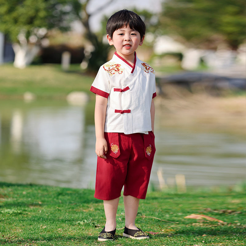 汉服男童夏中国风民族夏装幼儿园班服男孩唐装短袖古装儿童演出服