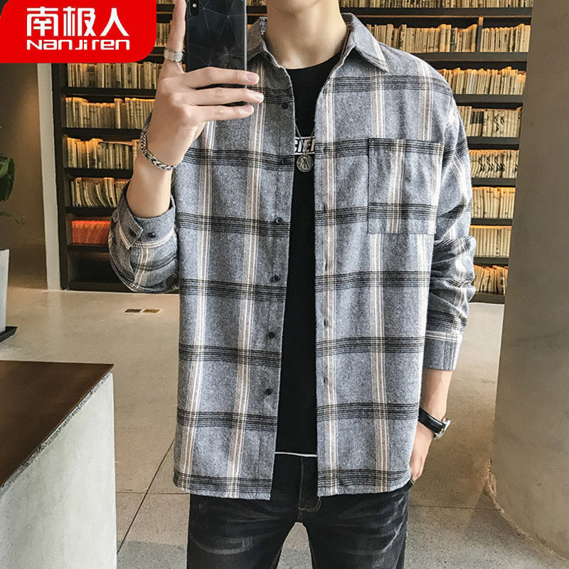 Nanjiren Spring and Autumn New Brushed Plaid Shirt Men's Large Size Loose Korean Style Trendy Casual Shirt Jacket Men