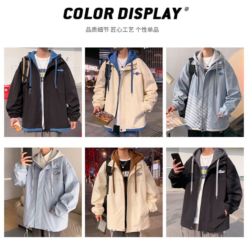 Warrior Wolf family fake two-piece jacket men's spring and autumn Hong Kong trend brand baseball uniform loose trendy hooded jacket men