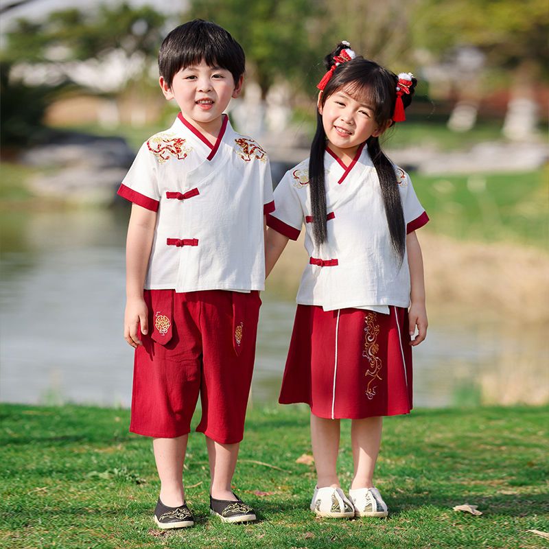 汉服男童夏中国风民族夏装幼儿园班服男孩唐装短袖古装儿童演出服