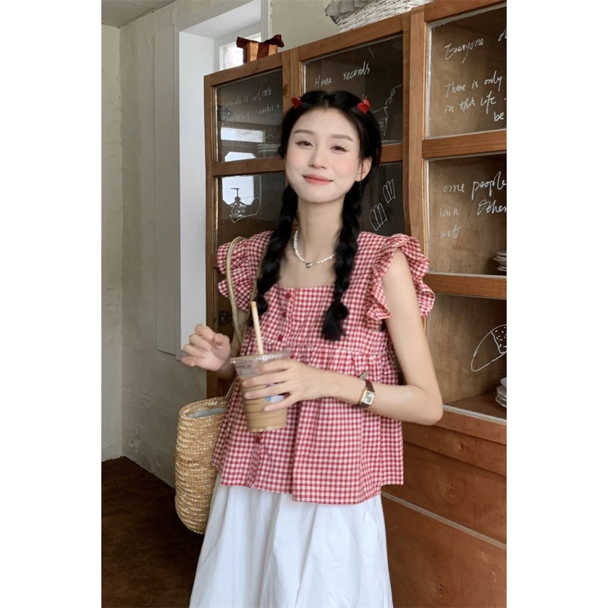 Korean girl cute little flying sleeve top women's summer square collar loose all-match backless small doll shirt small fragrance style