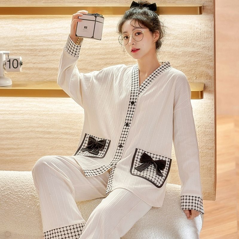 睡衣女春秋季長袖純棉爆款純色印花可愛寬鬆家居服冬夏套裝可外穿