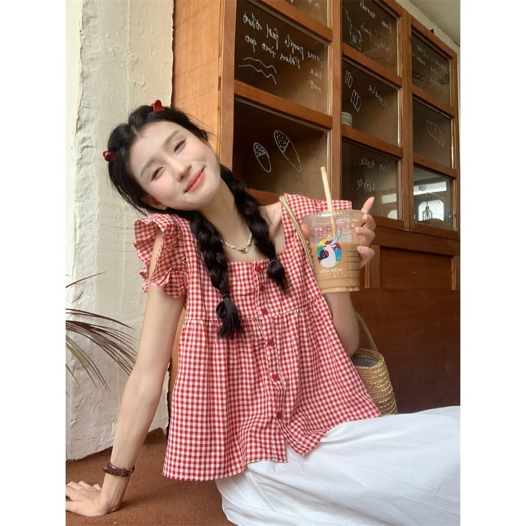 Korean girl cute little flying sleeve top women's summer square collar loose all-match backless small doll shirt small fragrance style