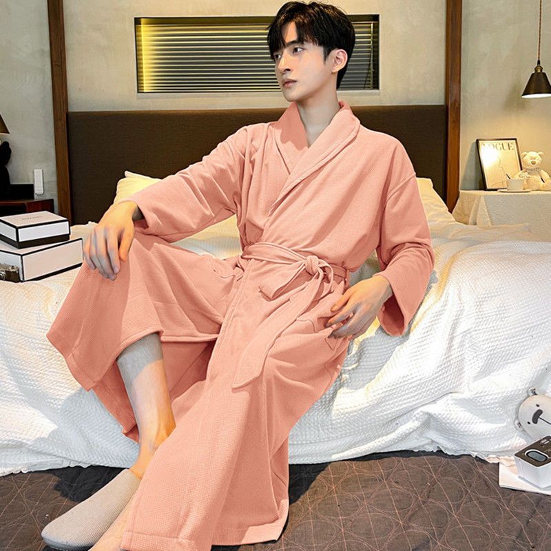 Nightgown female spring and autumn waffle cotton high-quality cotton hotel quick-drying absorbent bathrobe men's pajamas summer