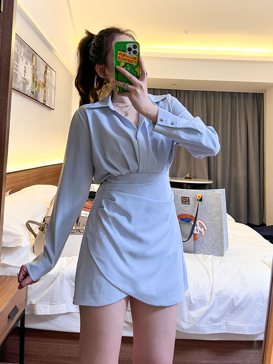 Large size women's thin French dress 2022 autumn waist cover belly irregular shirt dress female fat mm