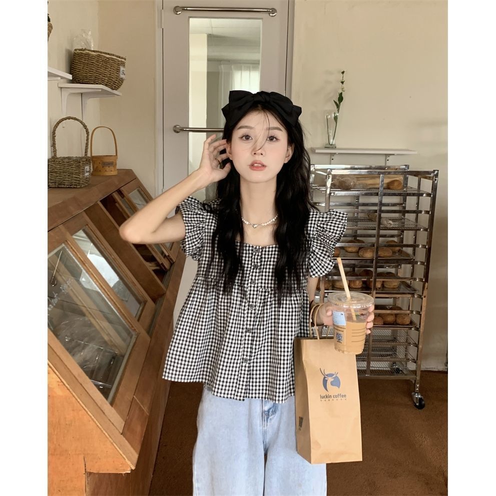 Korean girl cute little flying sleeve top women's summer square collar loose all-match backless small doll shirt small fragrance style