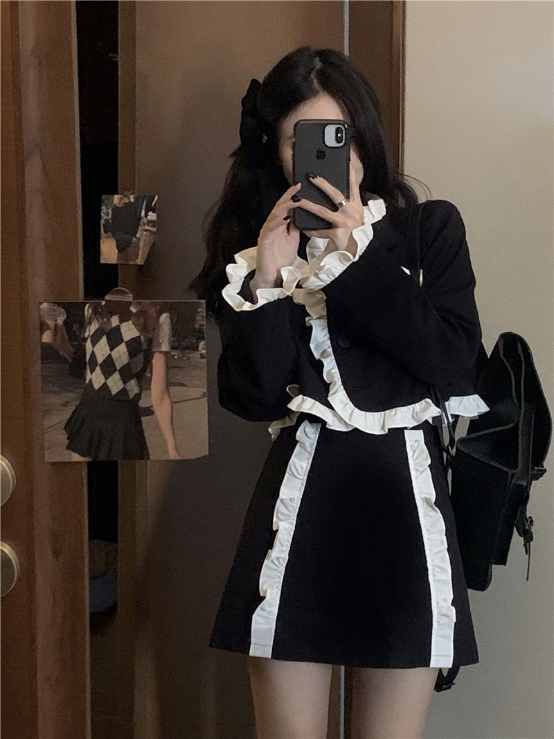 黑色西裝外套洋氣套裝女春季新款復古上衣半身裙小香風裙子兩件套