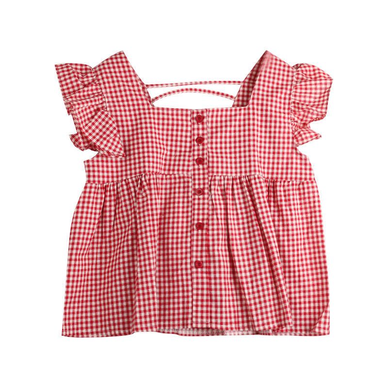 kumikuii sweet temperament plaid flying sleeve square collar shirt female summer small loose doll shirt top