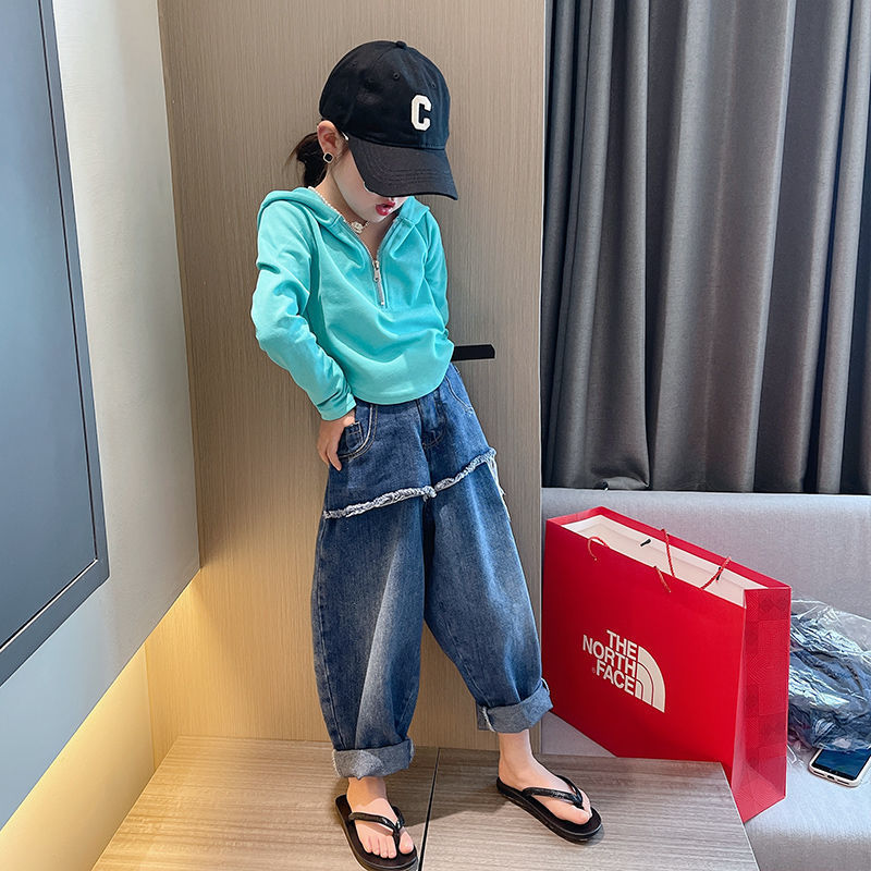 女童秋季牛仔褲套裝2022女孩秋裝中大童春秋款洋氣網紅時髦老爹褲