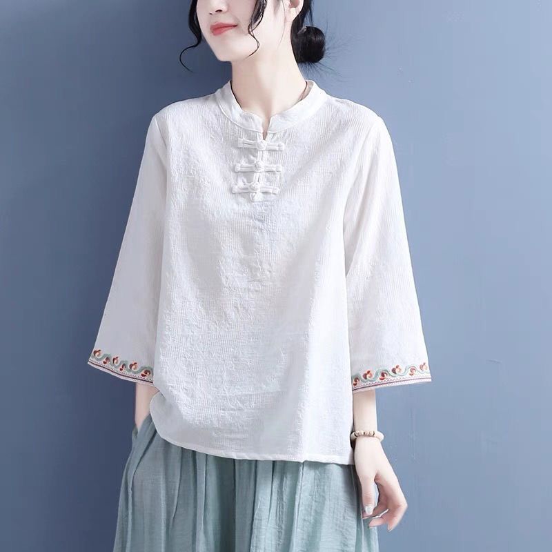 棉麻提花刺繡喇叭袖襯衫女2022春秋新款中國風復古盤扣立領短上衣