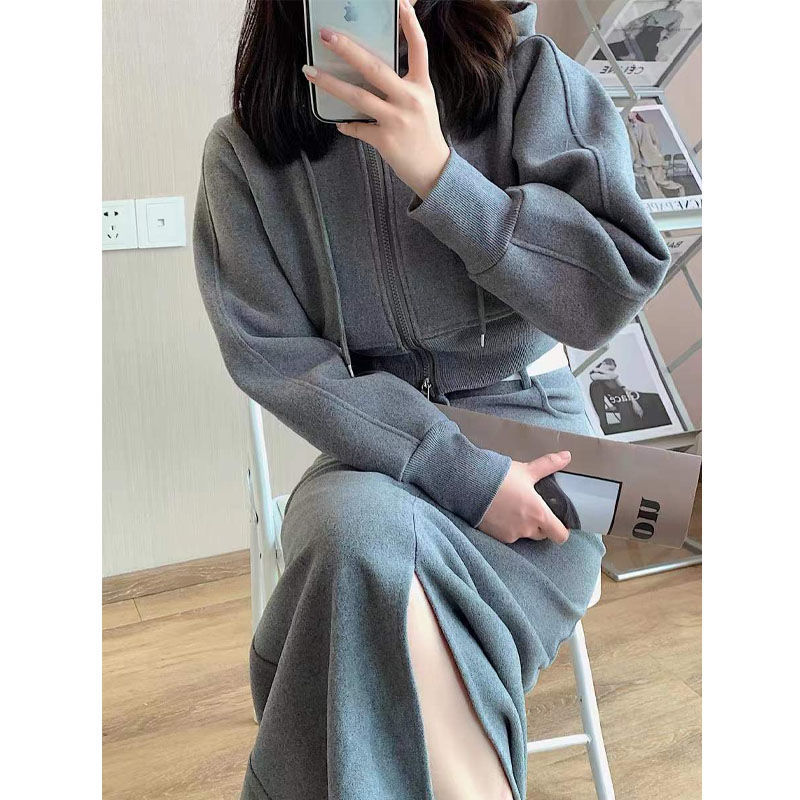 Spring suit women's  new salt system small man wears a hooded sweater jacket slim skirt two-piece set
