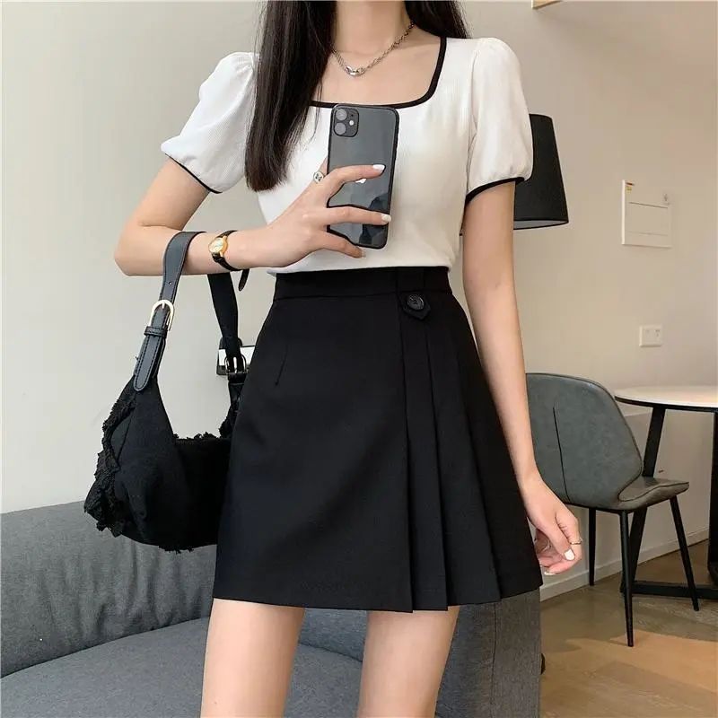 2023 new summer high-waisted slimming half-pleated A-line hip skirt suit skirt for women retro slimming short skirt