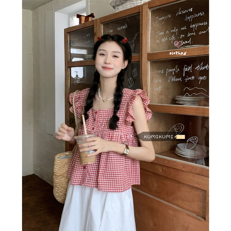 Korean girl cute little flying sleeve top women's summer square collar loose all-match backless small doll shirt small fragrance style