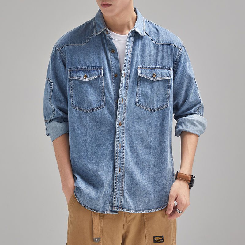 Autumn 2022 new solid color denim jacket men's Hong Kong style trend casual loose all-match long-sleeved shirt jacket