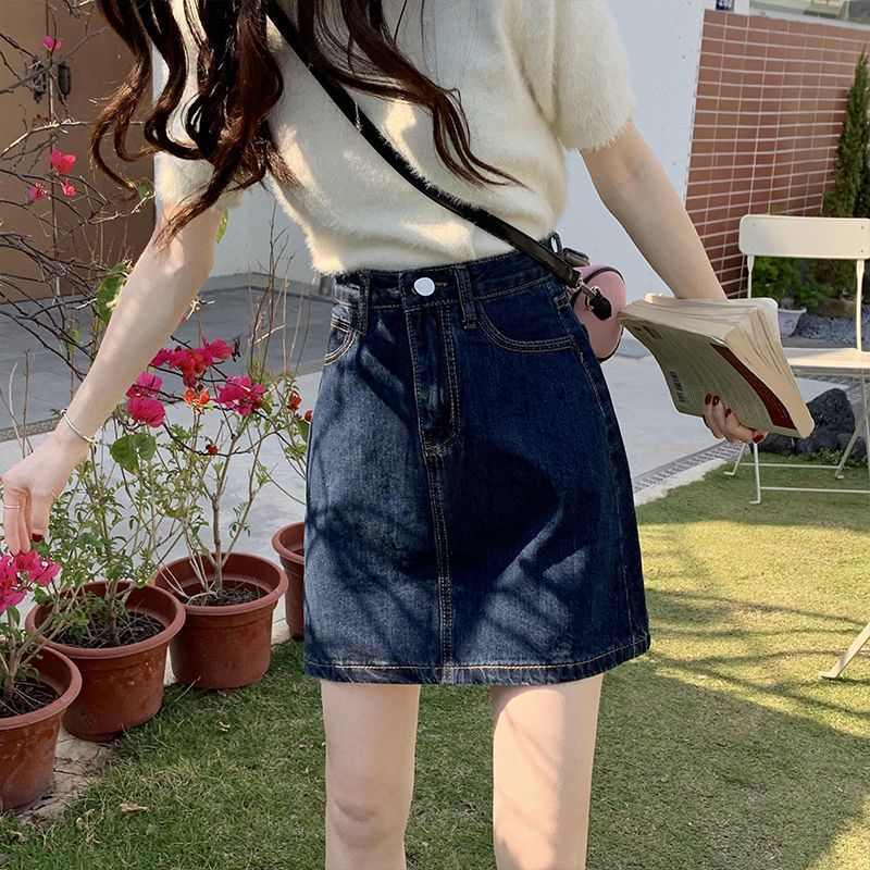 Denim skirt female dark color spring and autumn new retro Hong Kong style thin all-match small high waist A-line skirt