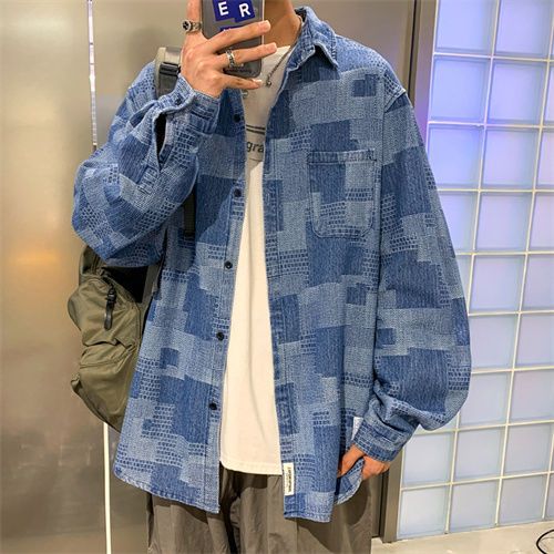 American style street tooling plaid shirt men's trendy brand fashion loose casual long-sleeved top high street square collar coat