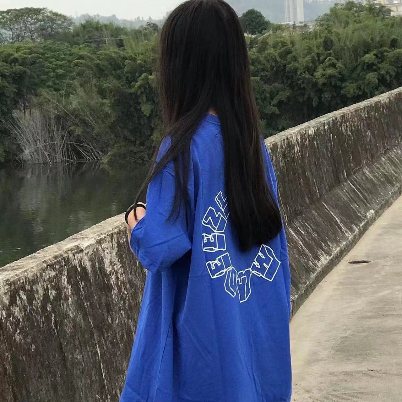 2022新款克萊因藍美式t恤女夏季新款短袖潮牌ins寬鬆BF半袖上衣潮