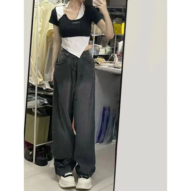 美式復古牛仔褲女春季新款灰色直筒長褲寬鬆百搭高腰顯瘦闊腿褲潮