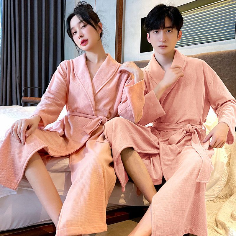 Waffle cotton couple pajamas spring and autumn nightgown one man and one woman large size cotton hotel absorbent quick-drying bathrobe