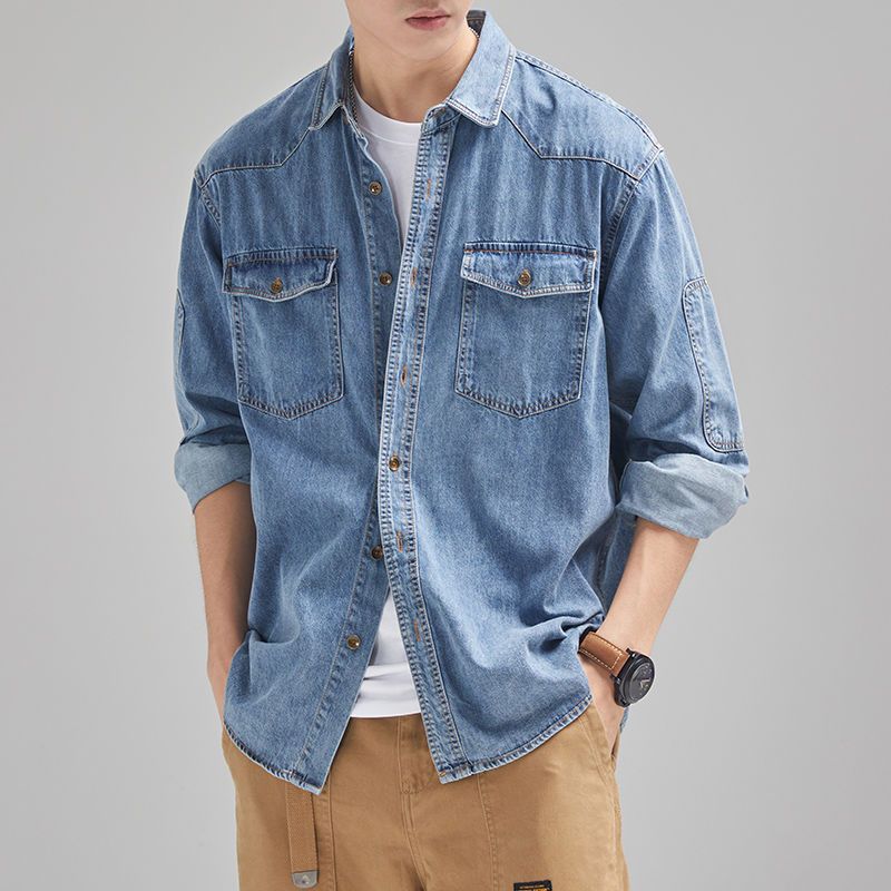 Autumn 2022 new solid color denim jacket men's Hong Kong style trend casual loose all-match long-sleeved shirt jacket