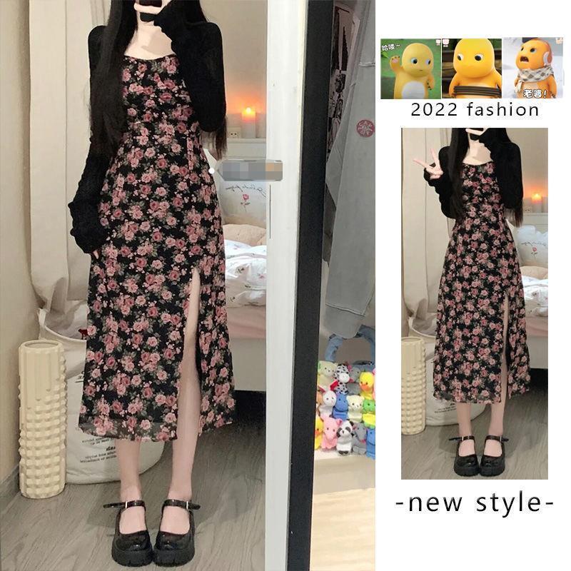 Pure Desire Wind Royal Sister Rose Floral Slit Dress Set Female Summer Retro Sunscreen Thin Long-sleeved Cardigan Jacket