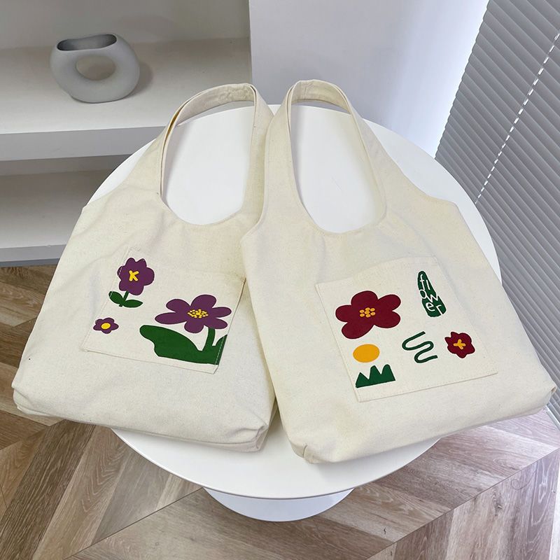 Retro floral canvas bag ins style large capacity student class backpack shoulder bag versatile shopping bag handbag